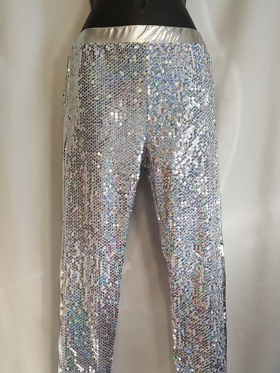 Double Platinum Pants - Silver Sequin Leggings - Sparkle High-Waist Stretch Pants